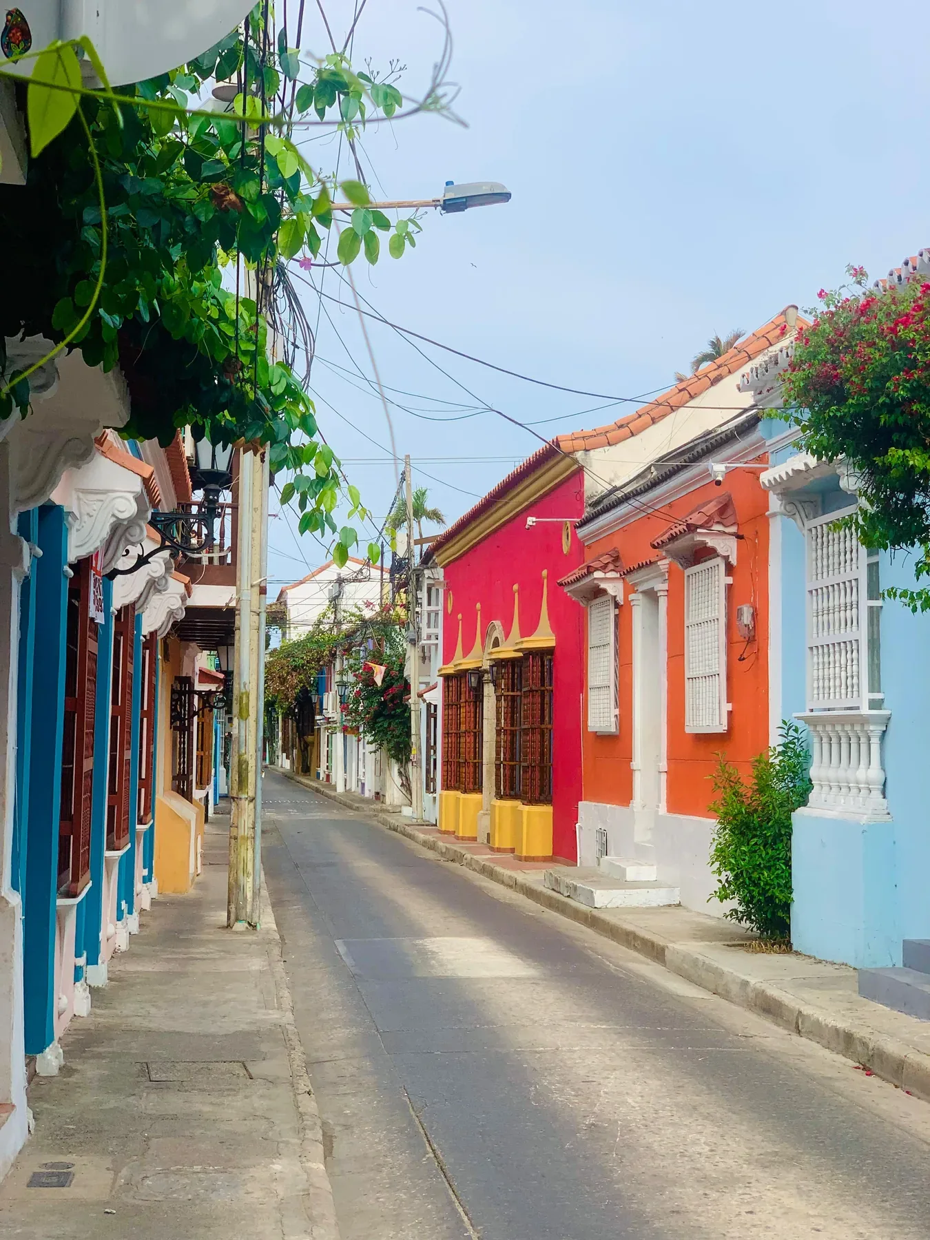 A quiet street of colonial houses in the walled city of Cartagena de Indias